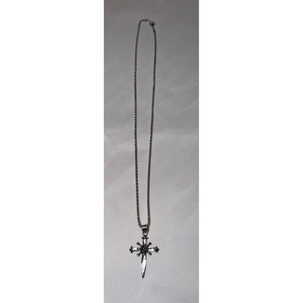 Gothic Dagger Cross Skull Pendant‎ Necklace Silver Tone Chain